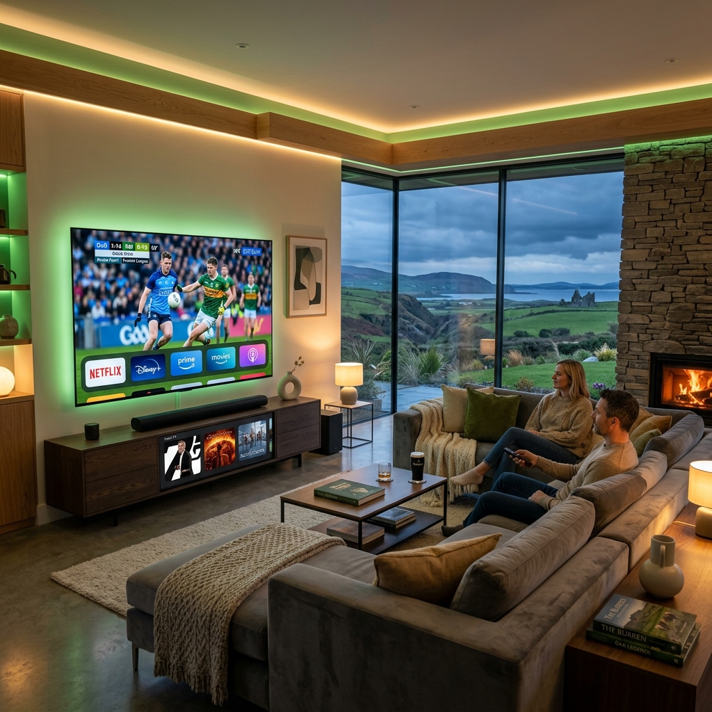 Best IPTV Ireland: A premium living room setup with a high-definition TV showing live sports and entertainment