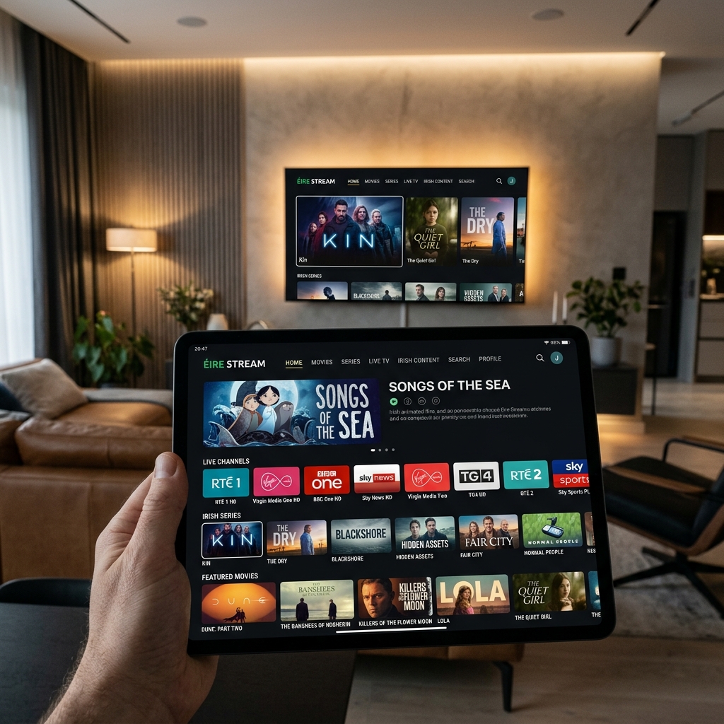 IPTV Subscription Ireland: Modern streaming interface on a tablet and TV showcasing premium Irish channels